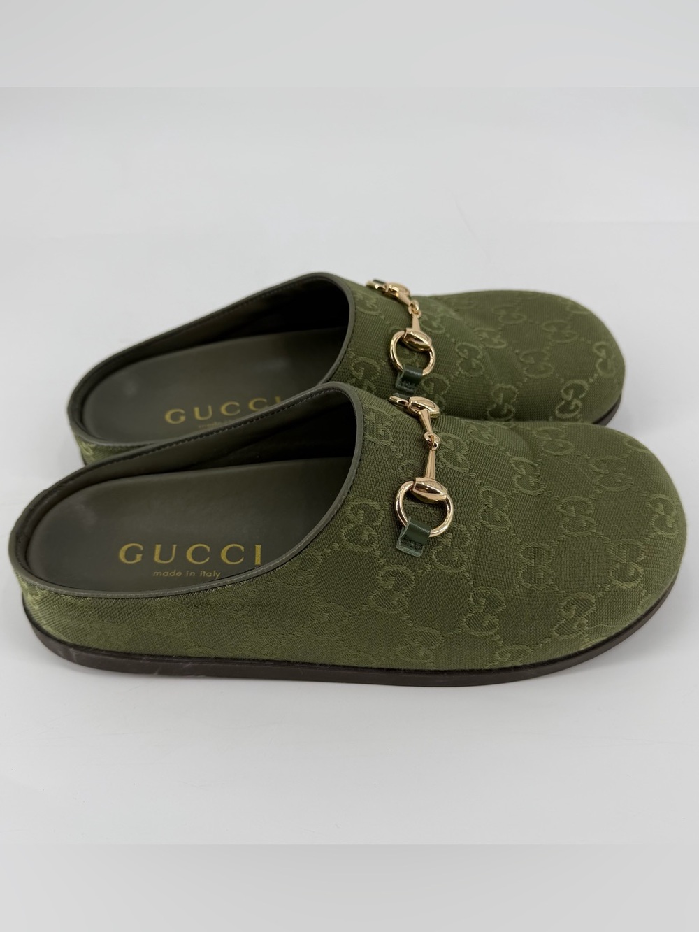 Olive Green Canvas Horsebit Slide Mules